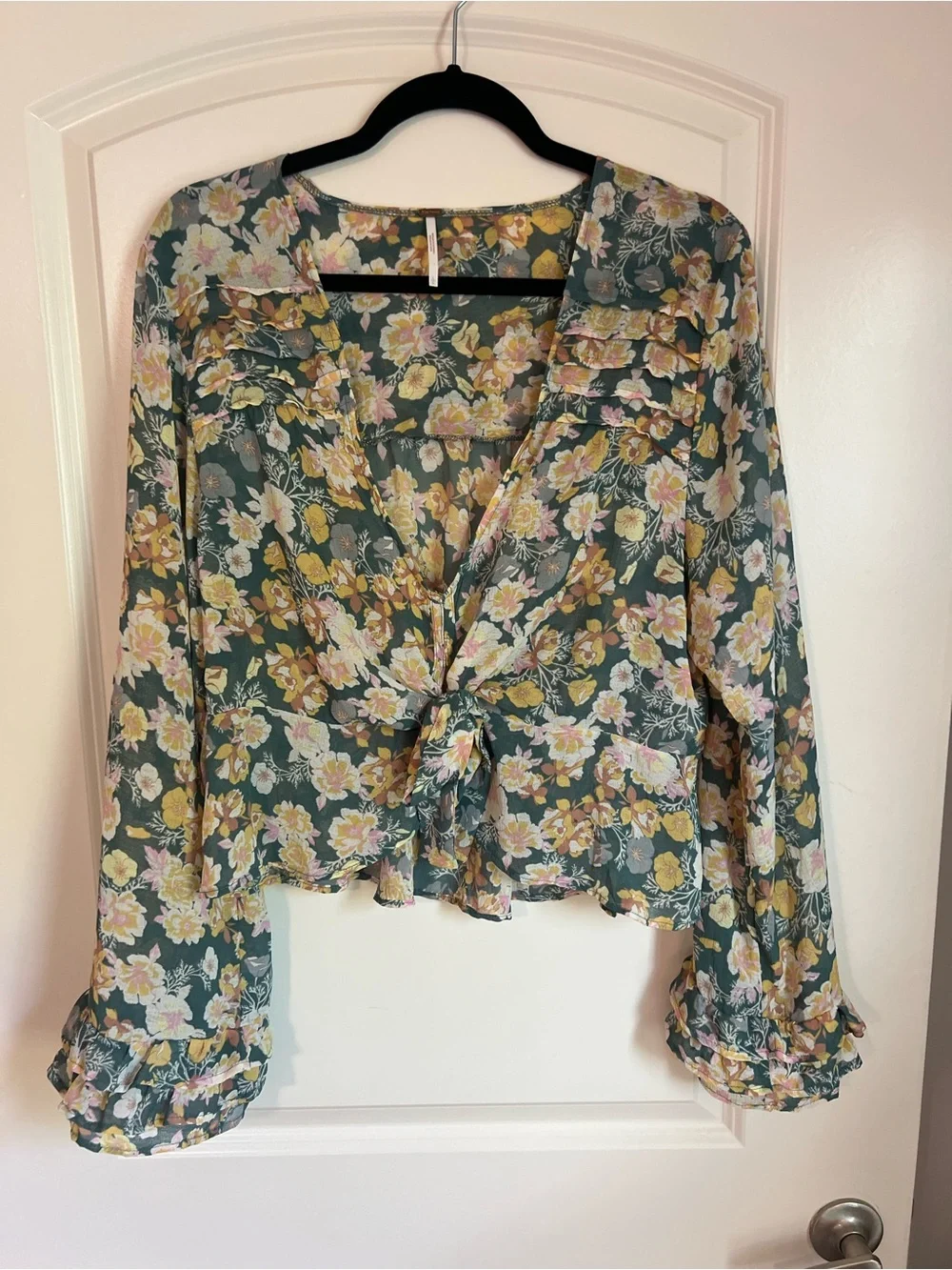 Free People Green Floral Tie-Front Blouse